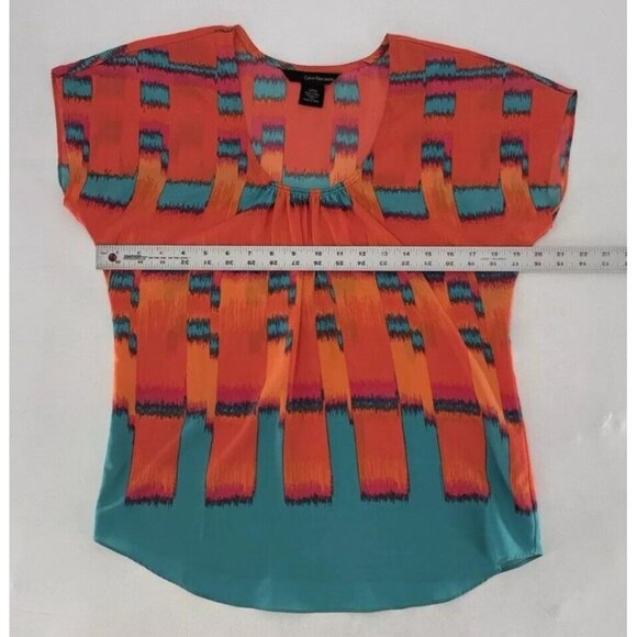 Calvin Klein Firecracker Orange‎ Teal Short Sleeve Chiffon Blouse Sz Small, Boho - Picture 7 of 7